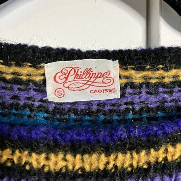 Vintage Phillippe Sweater Womens Stripe 80s Boat Neck Wool Blend Black Rainbow - Picture 2 of 6
